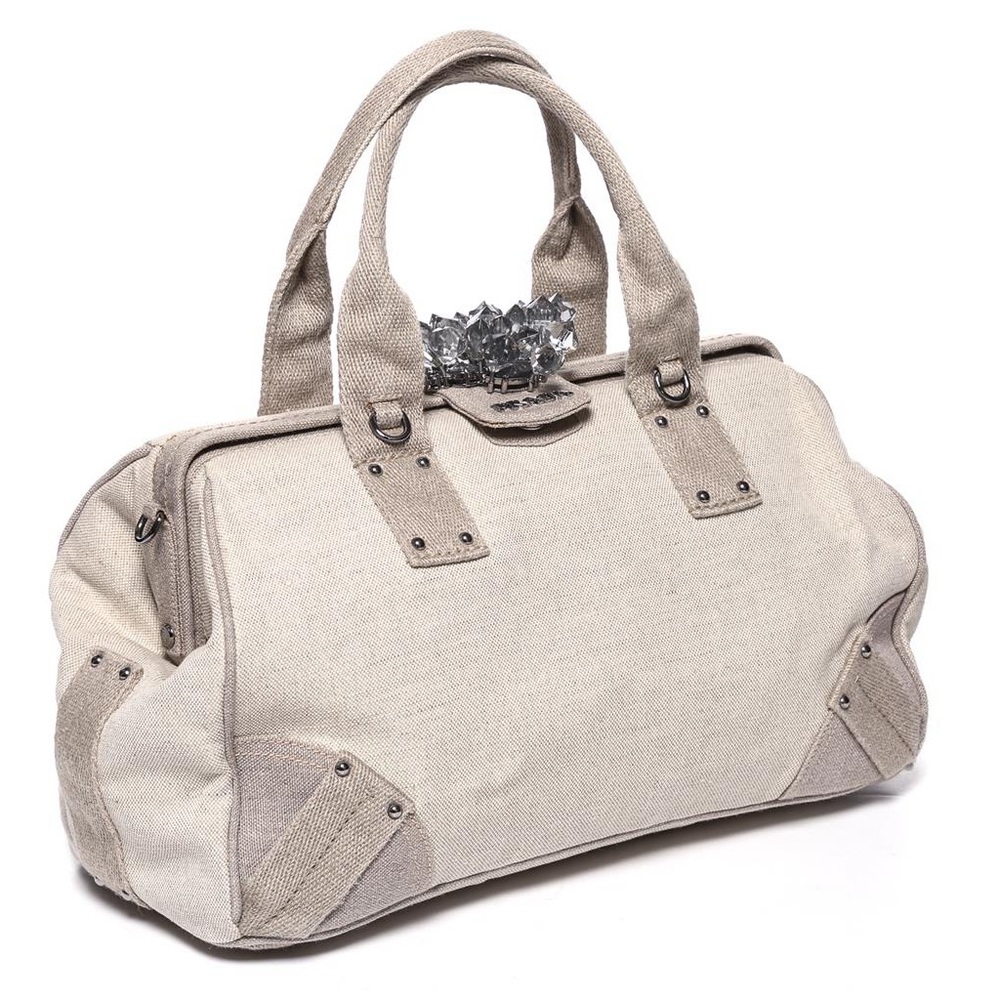 Authentic Vintage PRADA Natural Canvas Crystal Mistolino Frame Bag